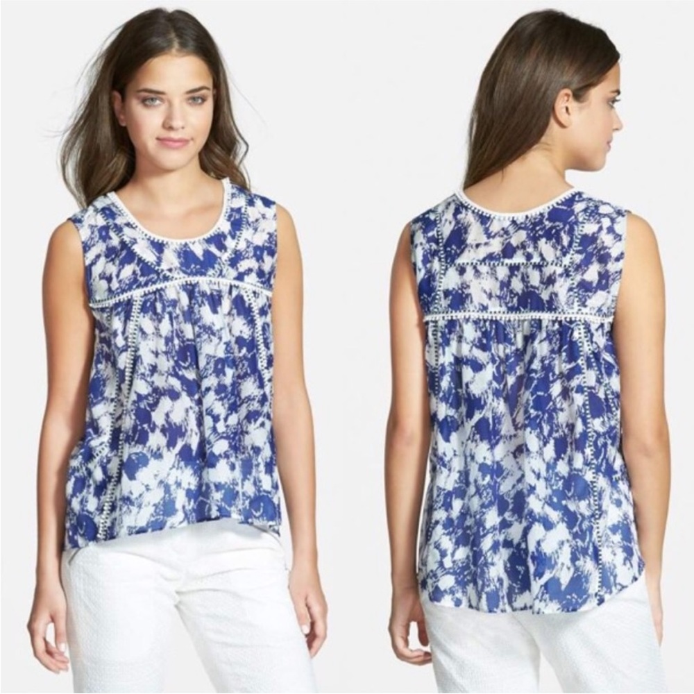 Rebecca Minkoff Lily Cottagecore Silk Pom Trim Accents Coastal Blue White Top S